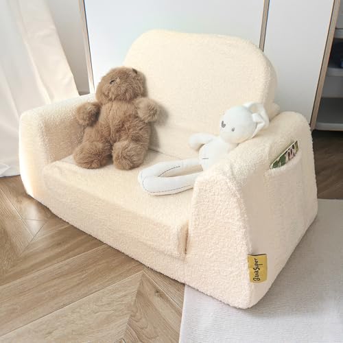BanaSuper 2-in-1 Convertible Children's Sofa Bed, Folding Armchair for Babies, Armchair for Children, Widened Base, Removable Washable Cover, Gift for Boys Girls in Yellowish Beige
