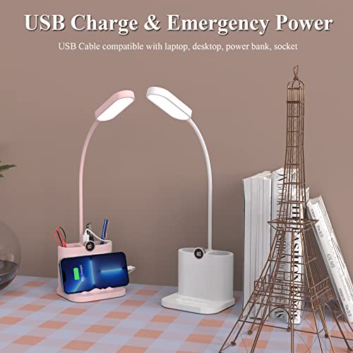 GEEKBOY LED Desk Lamp with USB Charging Port, Power Display Table Lamp with 2 Pen Holders & 360° Adjustable Arm, 3 Color Modes Stepless Dimming Rechargeable Desk Lights for Home Office Dorm