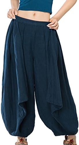 Lady’s Yoga Long Loose Elastic Closure Pants, Boho Pure Colour Wrinkled Trousers with Pockets