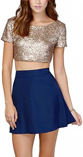 Wenxuan Women's Glitter Sequins Backless Crop Tops T-Shirts (X-Large)