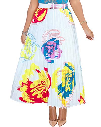 ThusFar Womens Party Pleated Skirts Floal Print Colorful High Elastic Waist Elegant A-Line Long Swing Midi Skirt White Flower XL