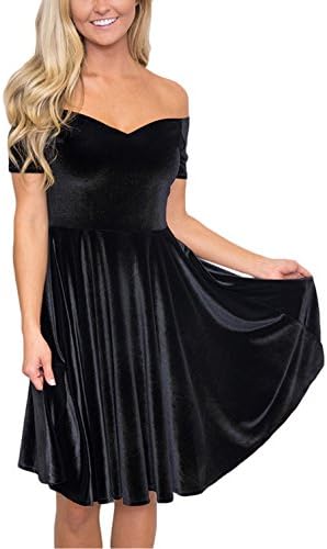 Domy Women's Off Shoulder Velvet Skater Pleated Midi Dress (XL, Black)