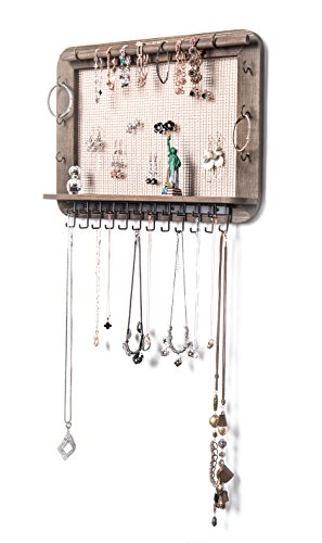 JackCubeDesign Wall Mounted Wood Jewelry Organizer Designer made Cosmetics Storage Shelf w/Necklace Shelf Earrings Holder Tray with 23 Hooks for Necklace Bracelet â€“ :MK399A