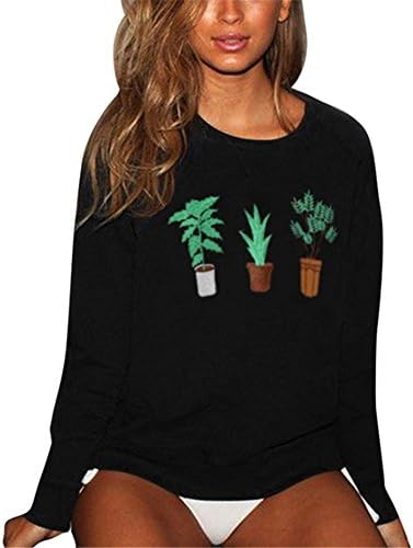 Kimloog Kimooog Women Long Sleeve Drop Shoulder Plants Print Crew-Neck Casual Sweatshirt Pullover Tops