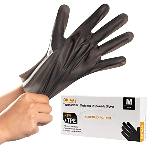 OKIAAS Black TPE Disposable Gloves, Latex & Powder Free, Plastic Gloves for Cooking, Food Handling, Hair Dye, 100 Count