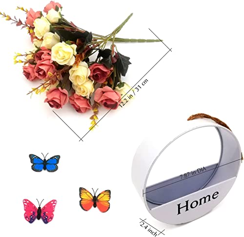 Gosyfeti Rustic Artificial Flowers Wall Decor, Hanging Wall Decor for Flower, Silk Roses in Basket for Home Indoor Outdoor, Plants Flower Basket Garden Yard, Wedding Decor Porch