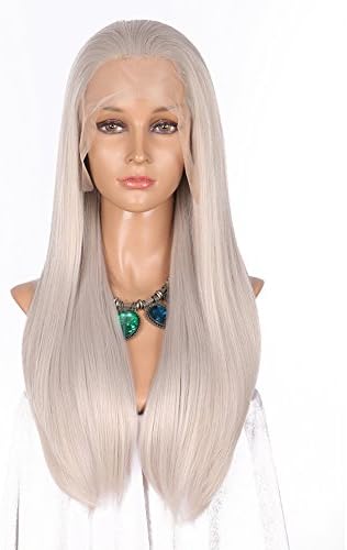 Addcolo Natural Hairline Pre Plucked Synthetic Lace Front Wigs Silky Straight Synthetic Wig Lace Front Replacement Full Wig for Black Women Heat Resistant Fiber Hair Half Hand Tied (Gray)