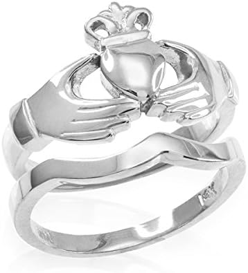 Solid 925 Sterling Silver Two-Piece Claddagh Engagement and Wedding Ring Set