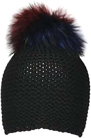 Childrens Unisex Outdoor Warm Stylish Winter Beanie Hat With Detacahable Pom Pom and knit Design - Made With Real Fur - Black Rainbow Pom Pom