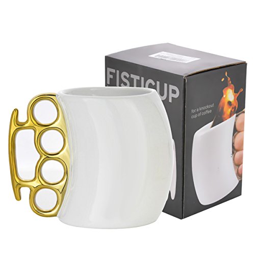 Funny Coffee Mug,Brass Knuckle Duster Creative Ceramic Cool White Mugs with Golden Handle
