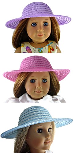 3 Straw Hats fits American Girl Dolls Pink, Light Blue, & Lavender