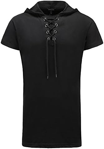 Men Fashion T-Shirt Hip Hop Muscle Lace Up Longline V Neck Super Hipster Curved Hem Tops (Black, M)