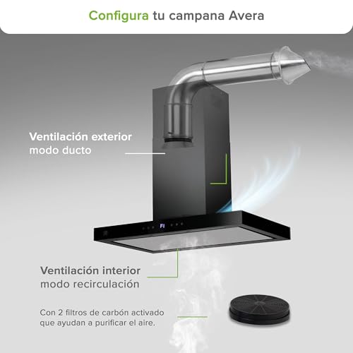 AVERA Campana para cocina de Isla 90 cm Tipo T, Acero Inoxidable, 3 Velocidades, Filtros metálico lavable y Filtro de carbón activado, Extrae y purifica, Control por botones | CEN90B