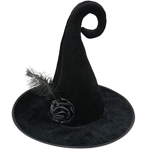 XYIYI Black Women Halloween Witch Hat Wide Brim Rose Flower Feather Pointed Cap for Halloween Party Decor