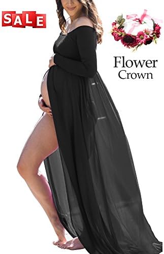 Women's Maternity Wedding Photography Dress Stretchy Photoshoot Baby Shower Long Sleeve Chiffon Split Front Maxi Pregnant