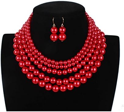 Thkmeet Faux Five Multi-Strand Pearl Statement Necklace and Earrings Set Bridal Wedding Gift for Women