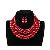 Lanue Women Elegant Jewelry Set Multi Strand 5 Layer Pearl Bead Cluster Collar Bib Choker Necklace and Earrings Suit (Red)