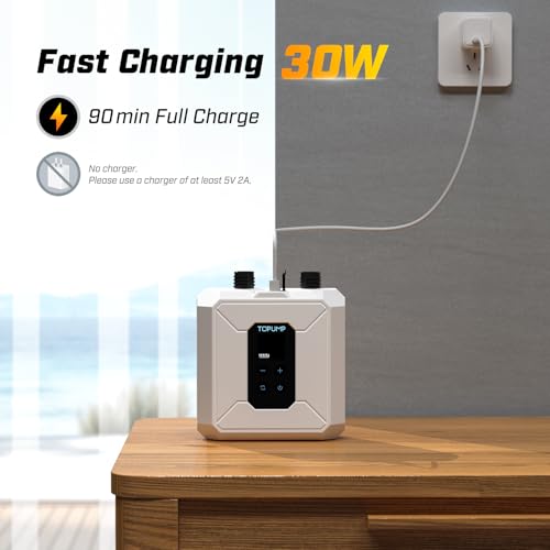 TOPUMP Electric Paddle Board Pump Portable, 20PSI Cordless Rechargeable SUP Pump with Auto-Off, Fast Dual-Stage Inflation & Deflation, 7 Nozzles for Kayaks, Boats, Tents