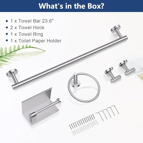 Bathroom Towel Bar Holder Sets, 5 Piece, Brushed Nickel Bathroom Hardware Set, Stainless Steel Toilet Paper Holder with Shelf Bathroom Accessories Kit Wall Mounted (Silver)