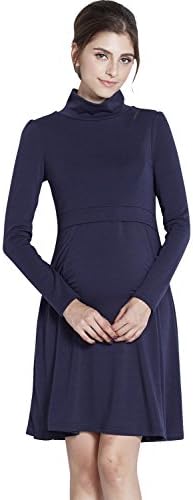 Sweet Mommy Maternity and Nursing Turtleneck Cotton Dress Navy, M