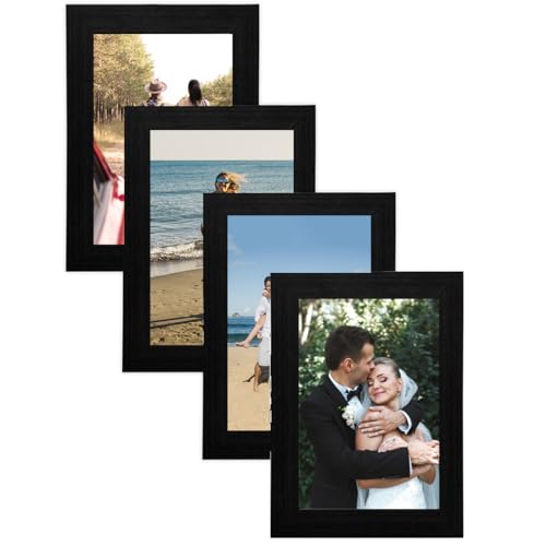 Kit com 4 Porta-Retratos com Moldura e Vidro para Fotos e Decoração (Preto, 10x15)
