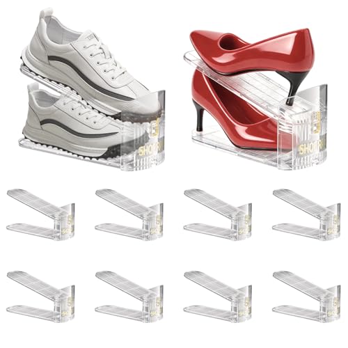 XENWA 10 Pack Shoes Organizer for Closet, Adjustable Highth Shoe Slot for Pair of Shoes, 50% Space Saver Double Layer Shoe Stacker, Stability Clear Display Shelf Rack Holder for Inside Closet Storage
