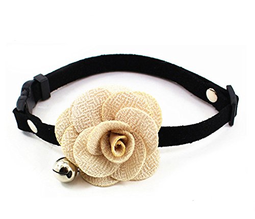 PetFavorites Designer Rose Flower Suede Leather Bow Tie Pet Cat Dog Collar Necklace Jewelry with Bell Charm for Pets Cats Extra Small Dogs Female Puppy Yorkie Girl (White, 6 to 7.8-Inch)