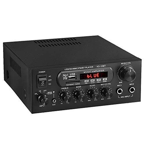 Bluetooth Power Home Audio Amplifier Receiver, ARCHEER 100W HiFi 2 Channel Integrated Stereo Amp System with 2 Mic Jack, Bass&Treble&Echo Control and Power Supply, USB/Bluetooth/TF Card/FM Supported.