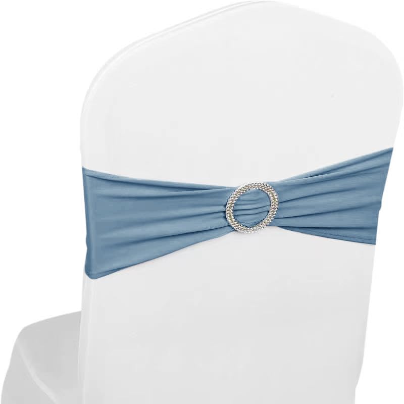 Elastic Stretch Spandex Chair Covers Sashes Bands With Buckle Bows For Wedding Home Party Suppliers Decorations (Dusty Blue, 100PCS)