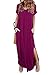 HUSKARY Women's Summer Maxi Dress Casual Loose Pockets Long Dress Short Sleeve Split Plum Red