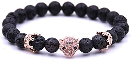 MHOOOA Black Lava Natural Stone Beads Micro Pave Leopard Head Crown Charm Bracelet Men Bracelets & Bangles Pulseras