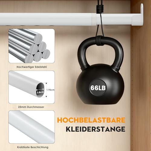 Clothes Rail for Wardrobe, White, Oval, 25 mm, Extendable Wall with 2 Brackets, for Wardrobe, Window, 43-101 cm