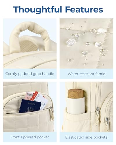 bagsmart Laptop Backpack for Women, Travel Backpack, School Backpack, Teenager Quilted Daypack, Waterproof Book Bag for 15.6 Inch Laptop, College Travel, Beige