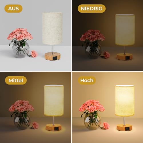Suright Bedside Lamp Touch Dimmable Set of 2, Table Lamp with Charging Function USB A+C Connections, Linen Lampshade, Wooden Base, Small Lamp for Bedroom, Living Room (LED Bulb Included)
