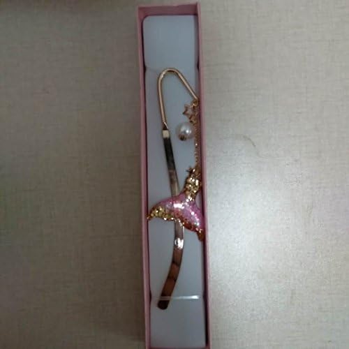 Gold Metal Bookmark, with Glitter Resin Mermaid, Pearl and Stars(Pink)