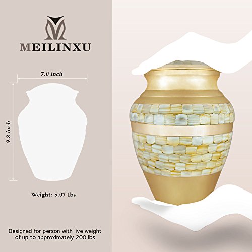 Cremation Urns for Human Ashes Adult, Funeral Urn for Women - Handcrafted in Brass - Display Burial At Home or in Niche at Columbarium ( Mother of Pearl Golden, Large Metal Urn for Ashes Adult - Thumbnail 5