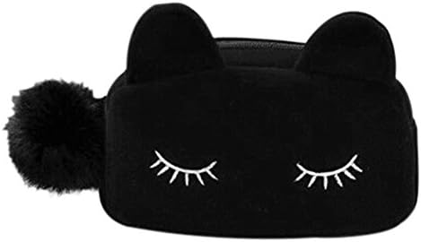 Portable Cartoon Cat Makeup Flannel Cosmetic Bag Pouch Travel Size (Black)