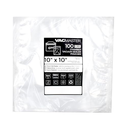 VacMaster 10 inch by 10 inch Heavy Duty 3 Mil Chamber Vacuum Sealer Bags - 1,000 Pre Cut Clear Chamber Machine Pouches Per Case, BPA Free, 30724