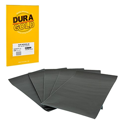 Dura-Gold - Premium - Wet or Dry - 2000 Grit - Professional Cut to 5-1/2" x 9" Sheets - Color Sanding and Polishing for Automotive and Woodworking - Box of 25 Sandpaper Finishing Sheets