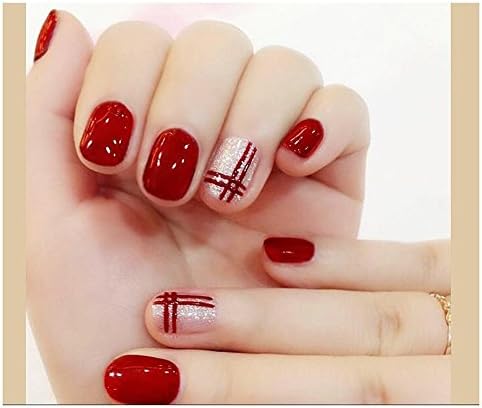 MENILITHS 24Pcs/Set Bridal False Nails Set Full Cover Short Square Silver and Red Lines Fake Nail Tips with Adhesive Tab for Women and Girls