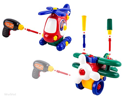 WolVol Airplane and Helicopter Take-A-Part Toys Equipped with Electric Drill and two Screwdrivers