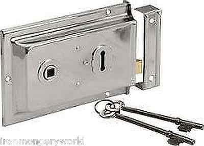 Ironmongery WorldOld Victorian Style Double Handed Flanged Rim Door Lock Latch 6" x 4" in 4 Finishes - Polished Chrome