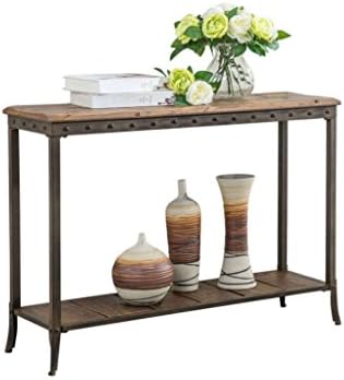 Solid Pine Finished Distressed Wood Nailhead Trimmed Metal Framed Rectangular 2 Tier Accent Console Table Includes Our Exclusive Mousepad