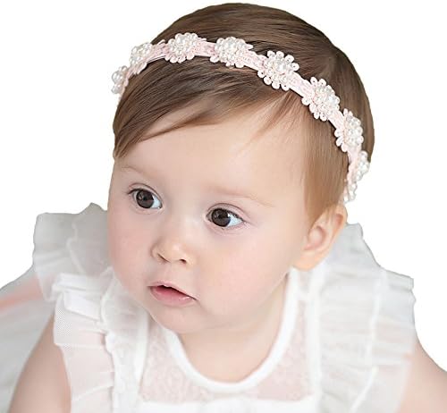 RQJ Baby Girls Pearl Headbands with Bows Turban Headwraps Hair Accessories(Pink)