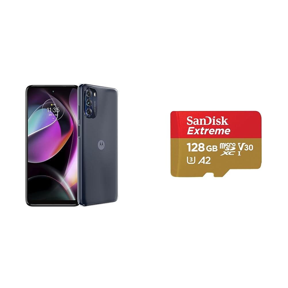 Motorola Moto G 5G | 2022 | 2-Day Battery | Unlocked | Made for US 6/256GB | 50 MP Camera | Moonlight Gray & SanDisk 128GB Extreme microSDXC UHS-I Memory Card with Adapter