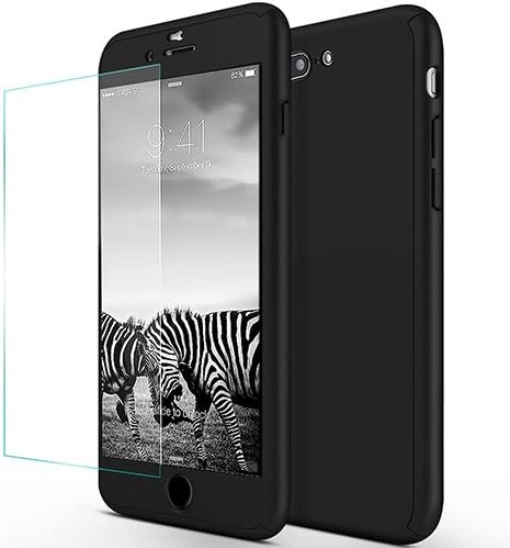 RockE Full Body Slim Polycarbonate Shock Absorption Protective Case with Tempered Glass Screen Protector for iPhone 7 Plus, Black - 5.5 Inch