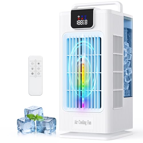 Aiorber Mobile Air Conditioning Mini Air Cooler: Fan with Water Cooling 2000 ml Water Tank 120° Oscillation, 4 Wind Levels, LED, Timer Remote Control Air Conditioner without Exhaust Hose for Home and