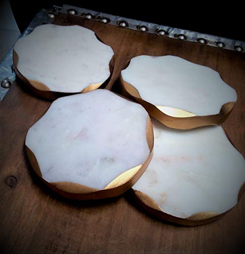 James Scott Real Marble Coasters Set of 4 - Round Design with Gold Edges