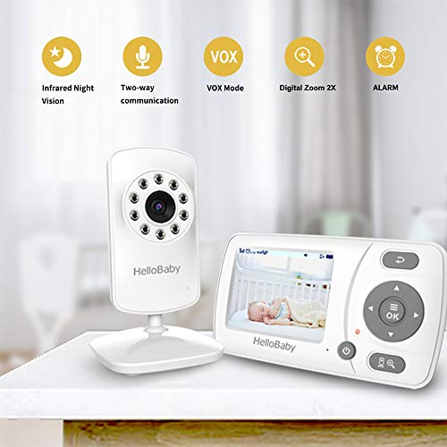 HelloBaby 2.4G HZ Digital Wireless Video Baby Monitor with Camera and Vedio, VOX Mode,Feeding Alarm,Infrared Night Vision and Two-Way Audio,Lullabies,Support Multi Cameras, Long Range