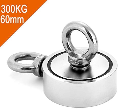 Double Side Magnet Round Neodymium Fishing Magnet Combined 661LB(300KG) Pulling Force, 60mm Diameter Super Powerful Fishing Magnet with 2 Eyebolts for Magnet Fishing and Salvage in River
